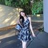Black and white plaid neck dress women's summer retro plaid sleeveless v-neck vest skirt small a-word short skirt