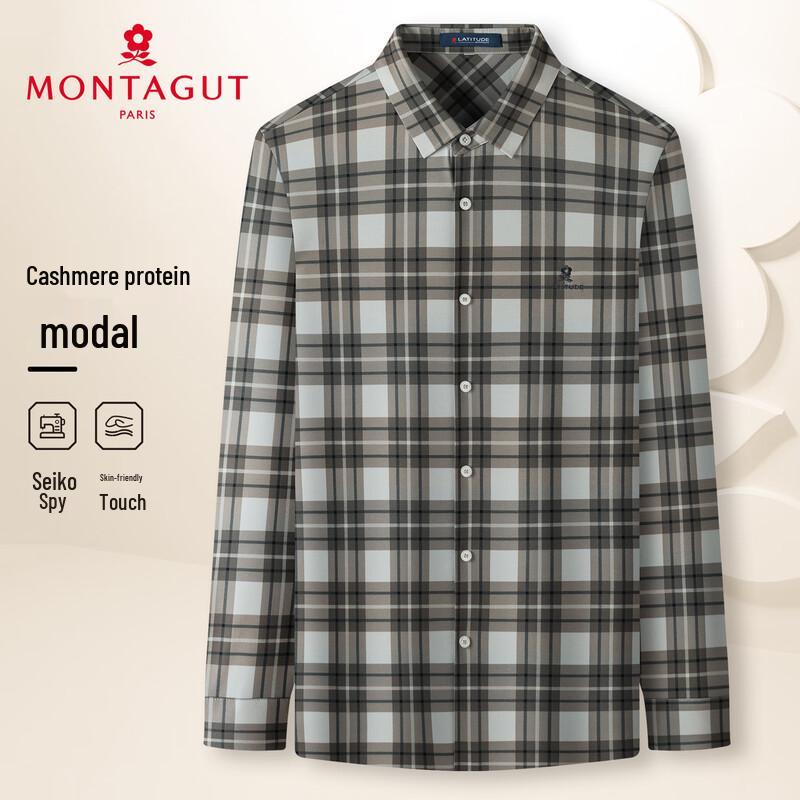 MONTAGUT Men s Plaid Cashmere Modal Blend Long Sleeve Business Shirt L