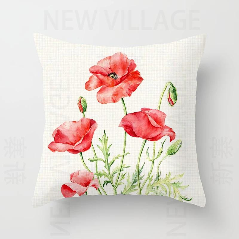 Nordic modern red flower linen pillowcase sofa cushion cover home decoration can be customized for you 40x40 50x50 60x60 45x45