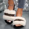 Luxury Women's Fluffy House Slippers Bling Crystal Decor Faux Fur Slides Woman Autumn Winter Open Toe Non Slip Plush Slippers