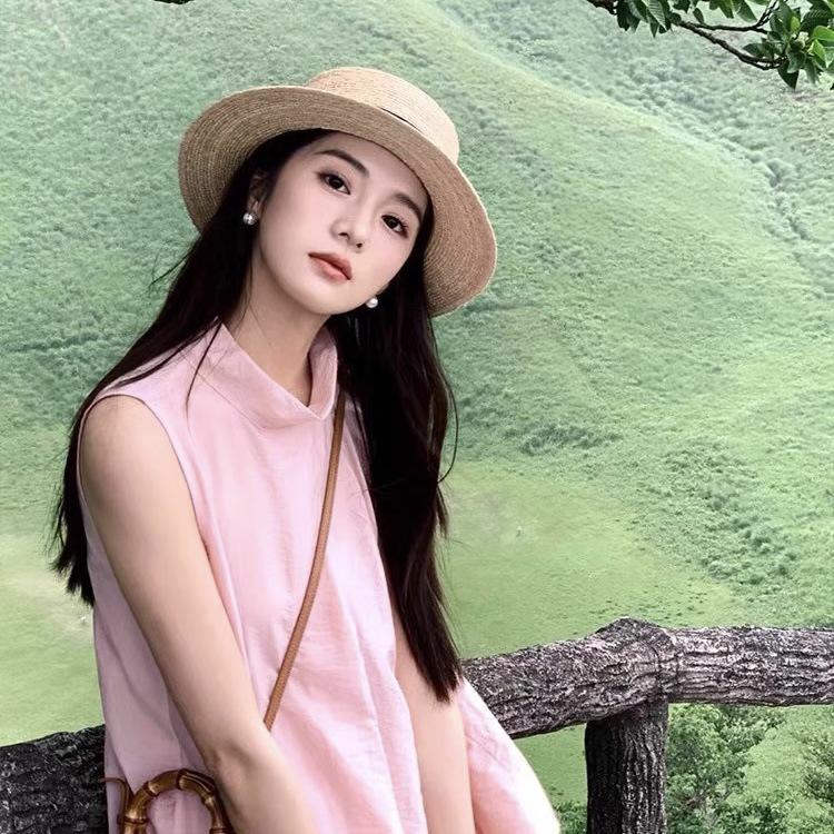New French Flat-top Straw Hat Women's Big Head Circumference Seaside Beach Top Hat Woven Sun Hat Summer