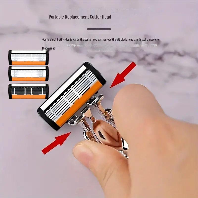 6-Layer Men's Razor with Replaceable Stainless Steel Blades for Hair Removal