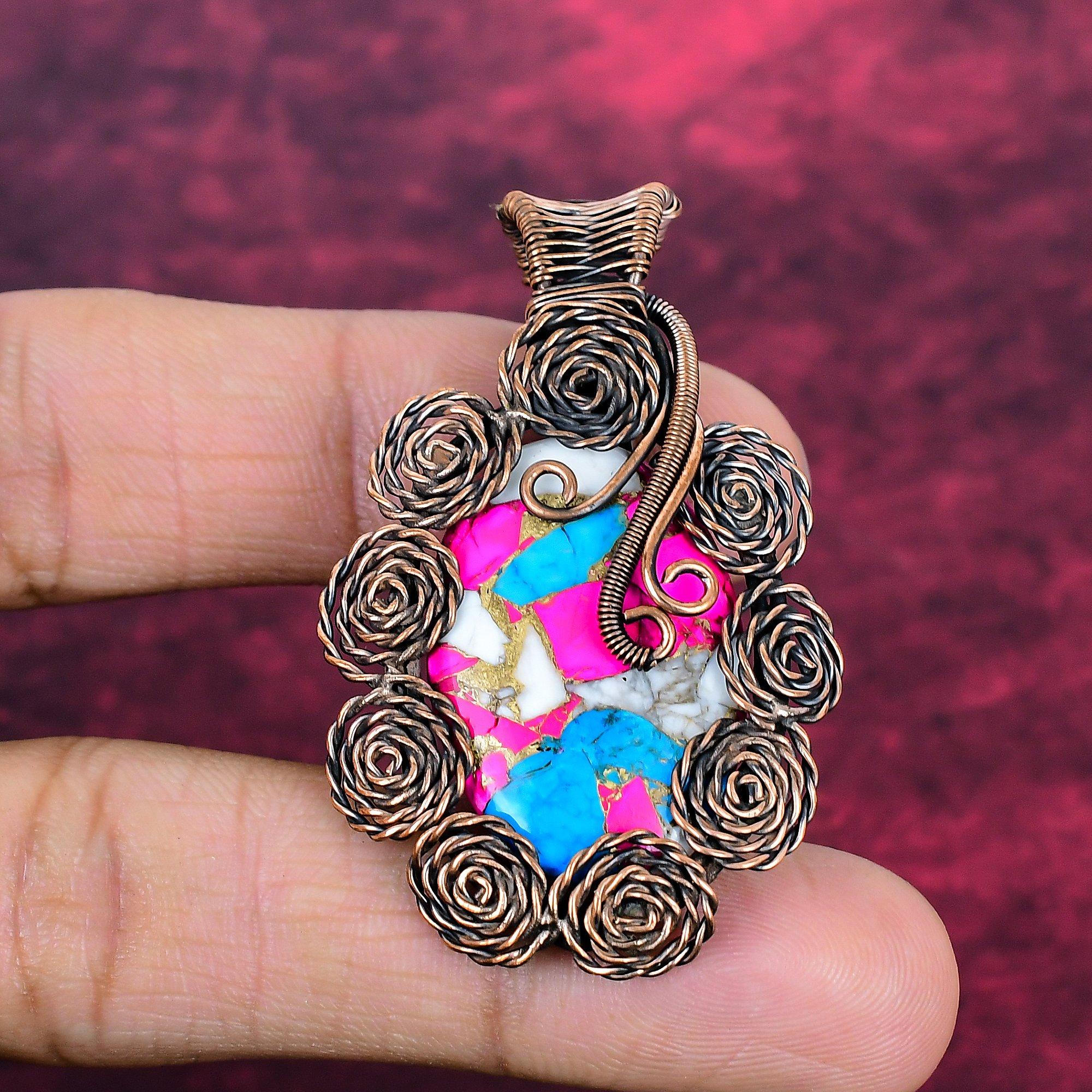 

Cotton Candy Turquoise Gemstone Pendant Copper Wire Wrapped Flower Jewelry
