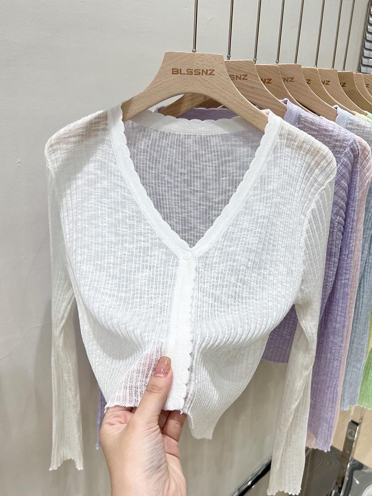 Svart Kofta med Lång Ärm i Is-Silke: Lättstickad sommartopp, Luftkonditioneringsskjorta, Solskyddssjal för kvinnor.