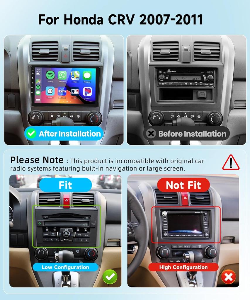 8 CORE 4G+64G Car Radio for Honda CRV 2007-2011, 9' IPS Touch Screen, Android 13, Wireless CarPlay, Android Auto, GPS, WiFi, Blu