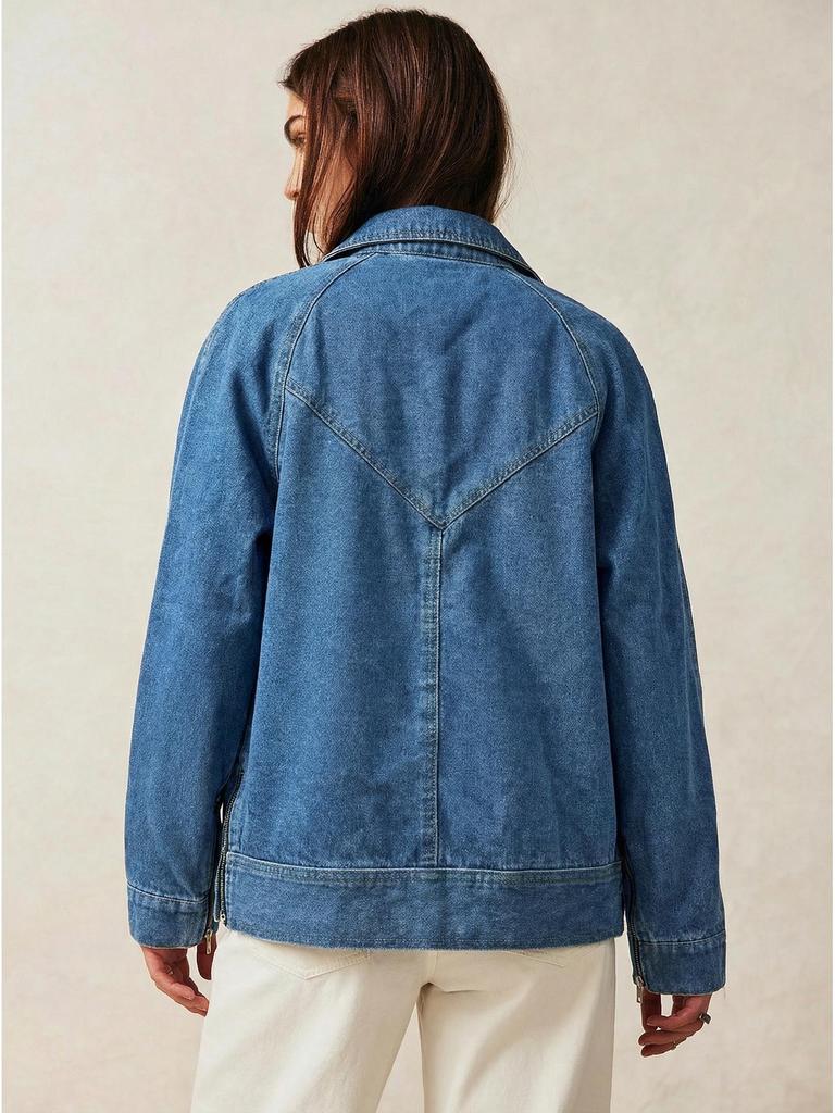 2026 Spring European & American Style Women's Washed Blue Denim Motorcycle Jacket - Casual & Versatile