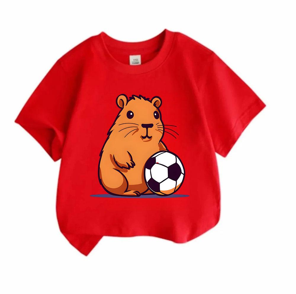 Cute Cartoon Capybara with Soccer Ball Kids T-Shirt 100% Cotton Casual Short Sleeve Round Neck Tee for Boys Girls Soft Breathable Summer Top Daily Pla