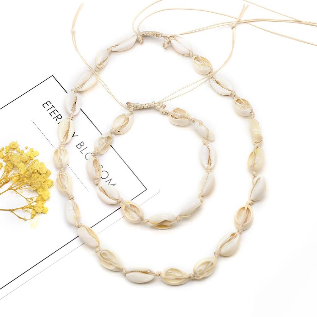 Natural Cowrie Shell Necklace Bracelet Set 45cm Necklace 19cm Bracelet Boho Beach Jewelry for Women Summer Coastal Style Handmade Seashell Accessories