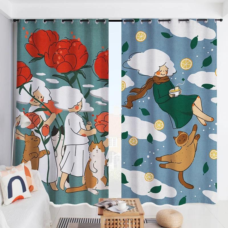 Cute Cat Dog Cartoon High Blackout Curtain Flowers Pattern Bedroom Living Room Bay Window Thick Clackout Drape New Style C