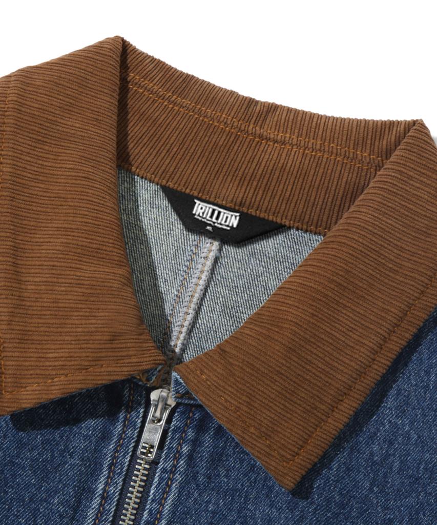 Trillion Corduroy Collar Denim Zip-Up Work Jacket (Middle Blue)