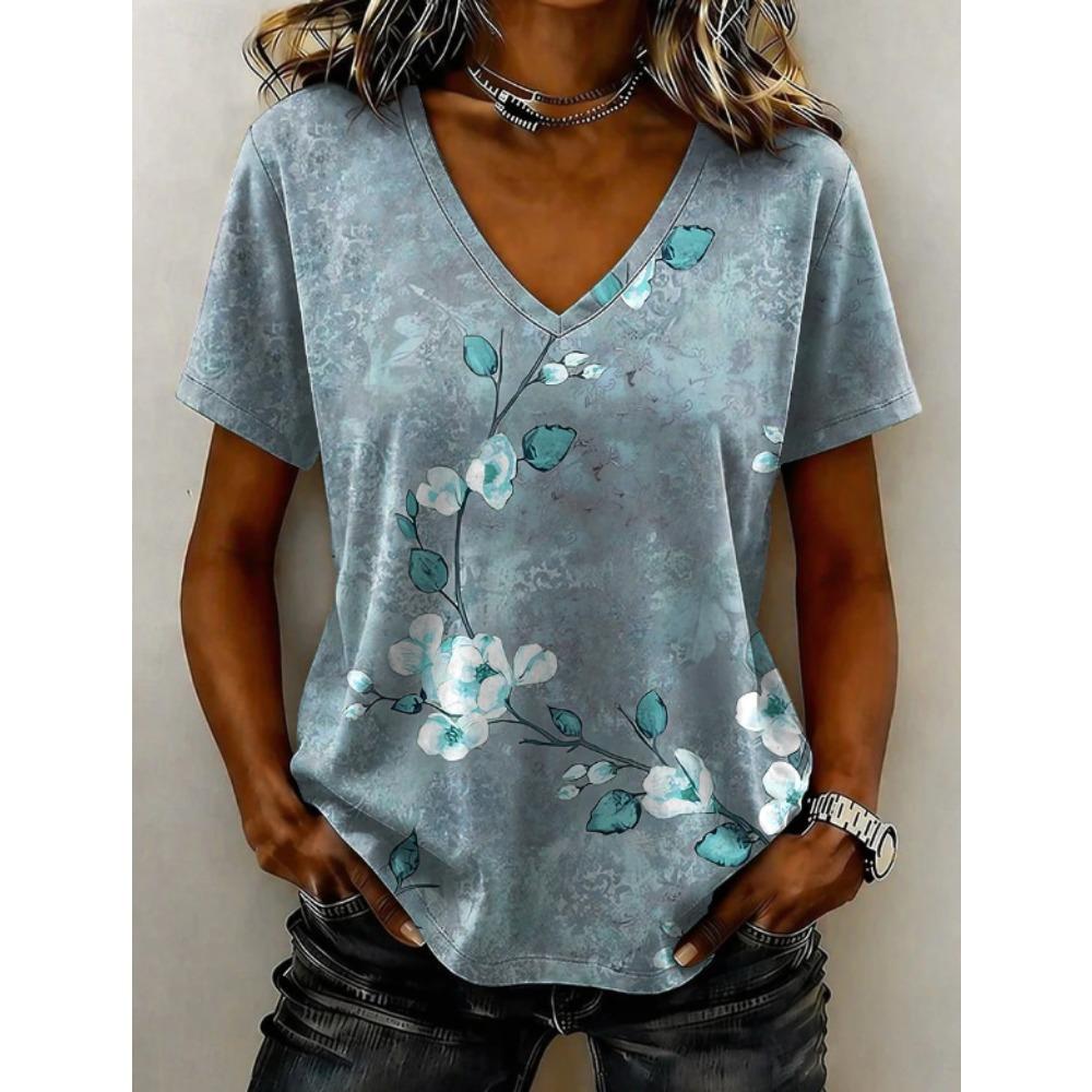 Women Summer T Shirt Beautiful Flower Pattern Print Short Sleeve Tees Casual Printed Tops XS