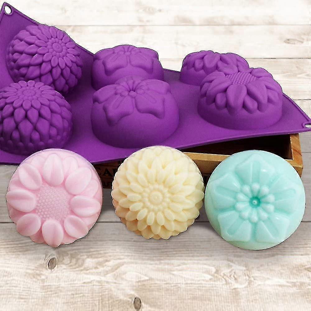 6-cavity Silicone Flower Shape Cake Molds,3 Packs Fondant Shape Decorating Ice Cube Trays Purple Blue Pink