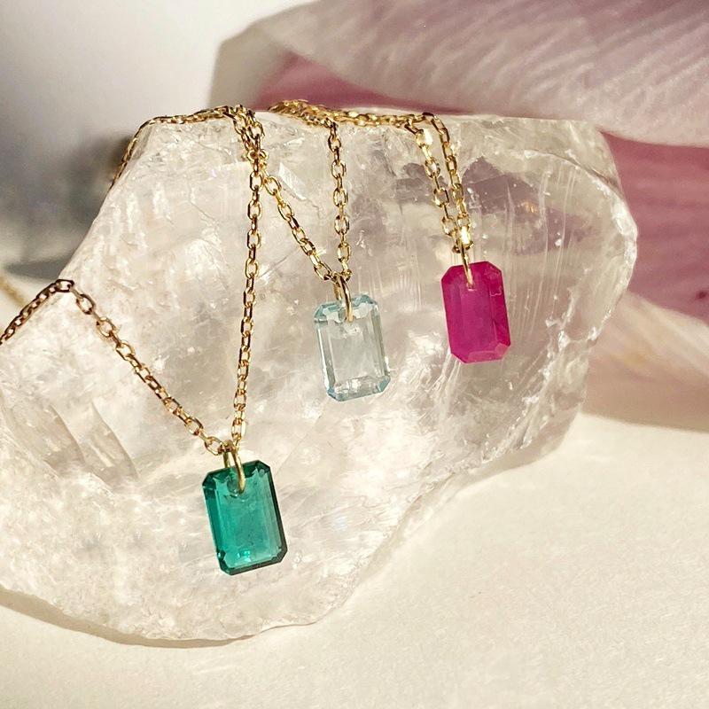 Minimalist 18K Gold-Plated S925 Sterling Silver Zircon Necklace - Beveled Rectangular Design for Women, Collarbone Chain, Niche Style. Light Blue + 18K Gold
