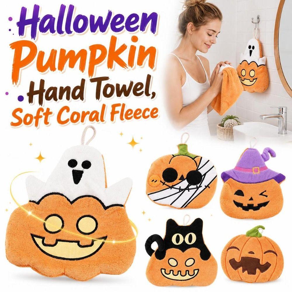 Soft Coral Fleece Halloween Pumpkin Hand Towel Hangable Kitchen Towels  Home Bathroom Use