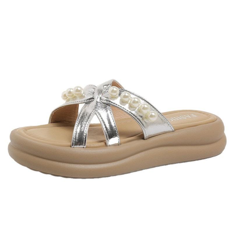 Muffin thick-soled cool slippers women's summer new fashion outer wear sandals pearl cross with beach slippers