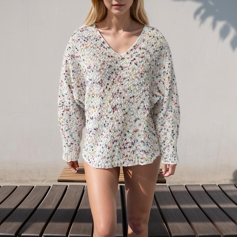 Women s Long-sleeved V-neck Loose Color Knitted Sweater L