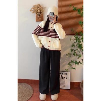 Lazy Wind Contrasting Colors Striped Loose Long-sleeved Sweater Jacket Women's Autumn Age-reducing Versatile Knitted Top Cardigan
