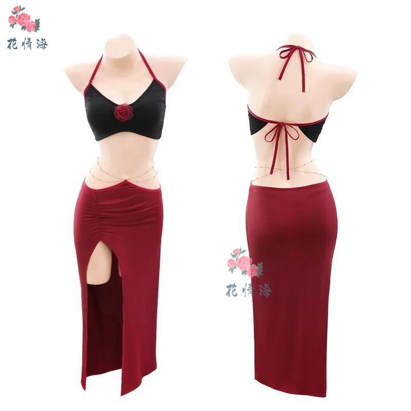 Sex underwear sexy rose long dress nightclub tube top hanging neck red charm split fork