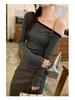 Chic Gray Striped One-Shoulder Long-Sleeve T-Shirt - Women's Autumn Korean Style Slim Fit Off-Shoulder Top