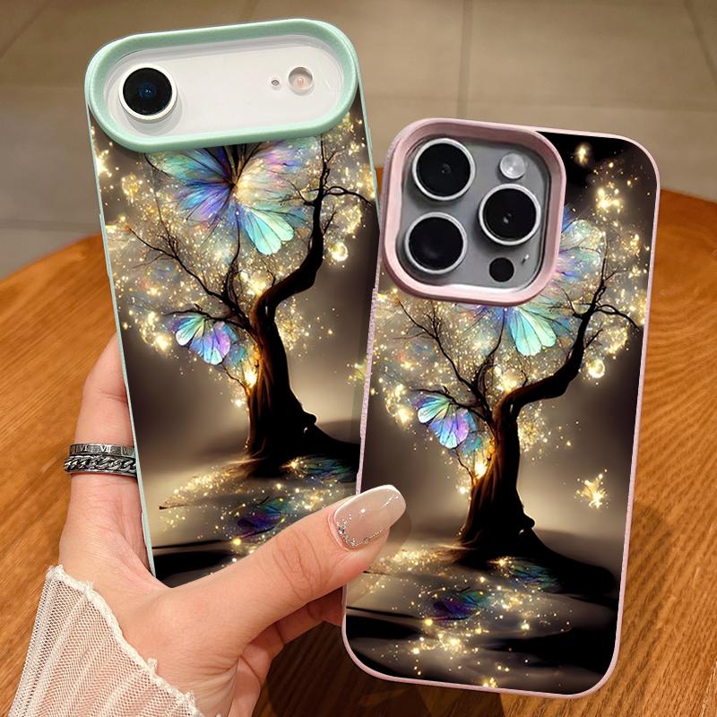 Shining Fantasy Tree Butterfly Pattern Case For iPhone 17 Pro Max iPhone 16 Pro Max 15 14 13 12 11 16E Air Luxury Leather Texture Silicone Cover