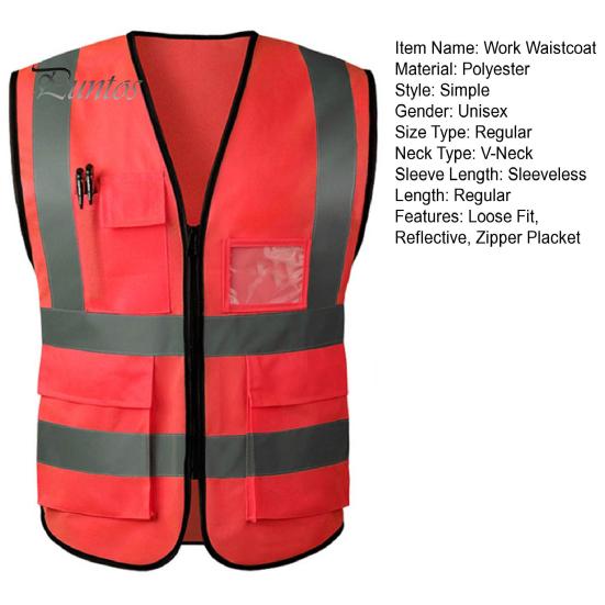 Arbeidsvest Herre Dame Refleksvest V-hals Ermeløs Glidelåslomme Pustende Nattsikkerhetsvest