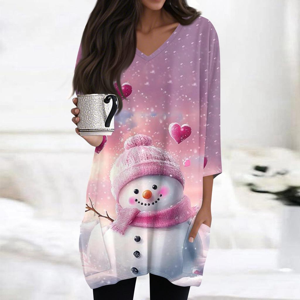 Womens Tops V-neck 3/4 Sleeve Blouses Casual Mid-length Shirts Fashion Christmas Print Tunic Tops With Pockets