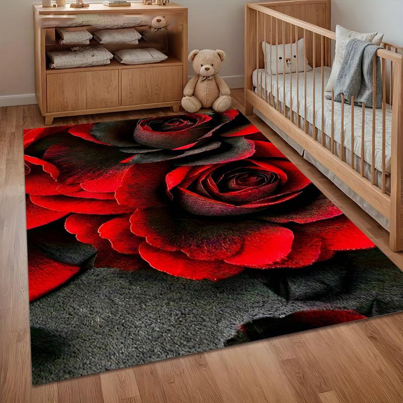 Rose Flowers Love Romantic Rug Carpet for Living Room Bedroom Decor Floor Mat Non-slip Decoration for Sofa Doormat Red Black