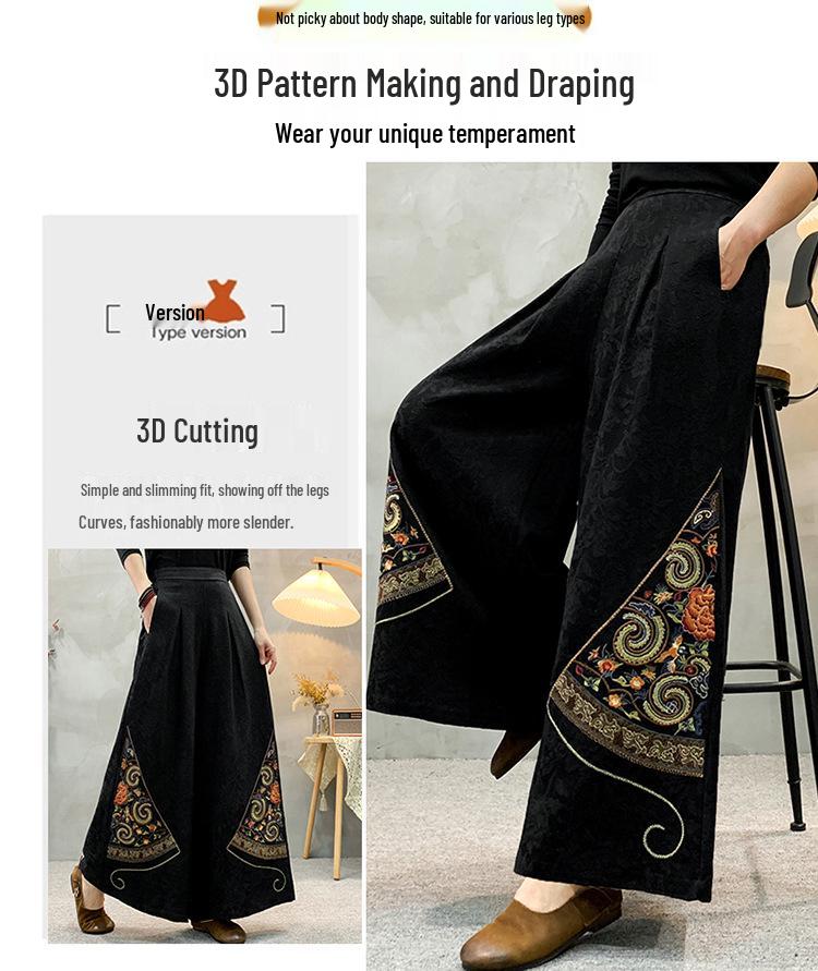 New Chinese Jacquard Ethnic Cotton-Linen Women's Skirt-Pants: Loose, Retro, Wide-Leg Trousers