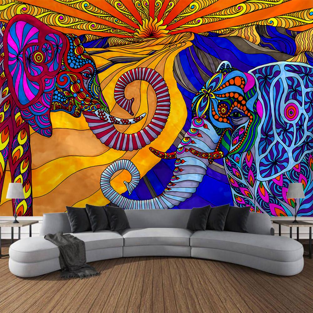Retro patterned tapestry, fantasy elephant wall hanging aesthetics, room art decoration, Bohemian mandala home wall decoration