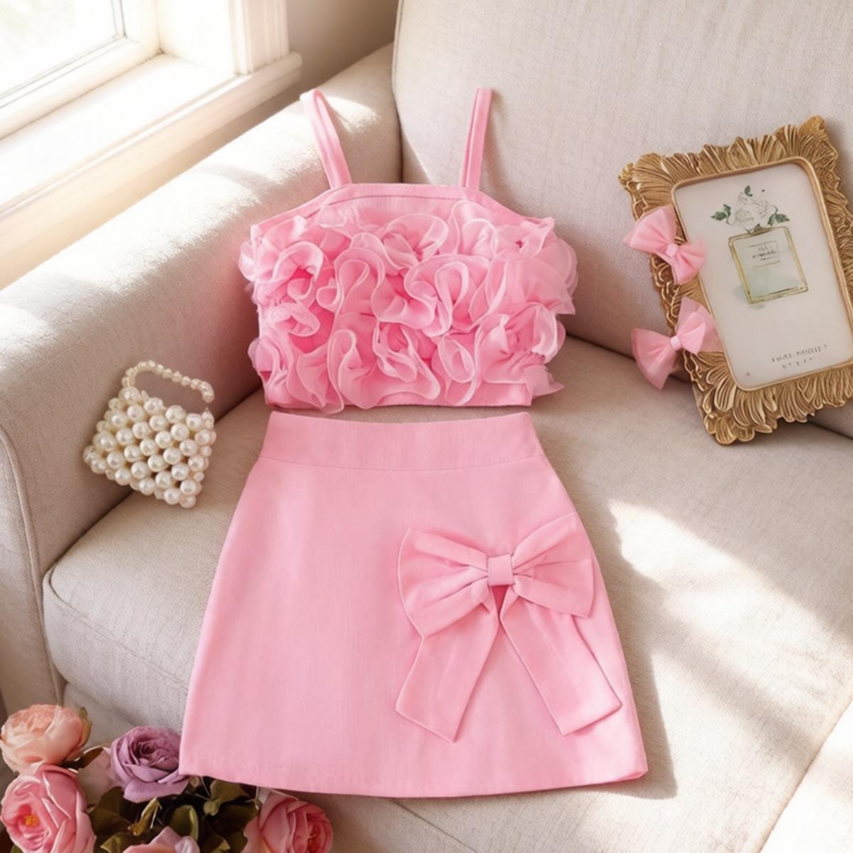 Cute Girls Outfit: Summer Set Featuring a Pink Tulle Tank Top and a Bow-Adorned Fitted Skirt 2-3Y