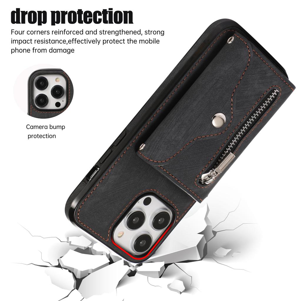 For iPhone 14 Pro PU Leather+TPU Scratch Proof Phone Case Kickstand Cover with RFID Blocking Card Bag