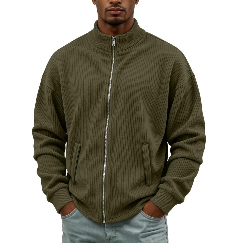 Men's Retro Corduroy Zip Cardigan with Two Pockets Casual Sweater