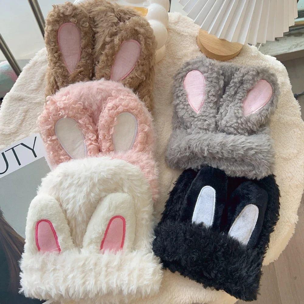 Fluffy Rabbit Ear Beanies Solid Color Winter Outdoor Warm Cap Knitted Plush Hat  Outdoor Activities