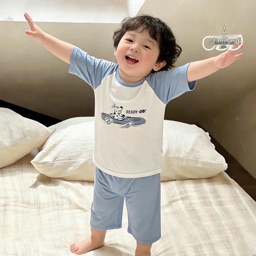 Sommer-Modal-Pyjama für Kinder - Dreiviertelarm-Hausanzug für Jungen & Mädchen, Klimakomfort aus Eisseide.