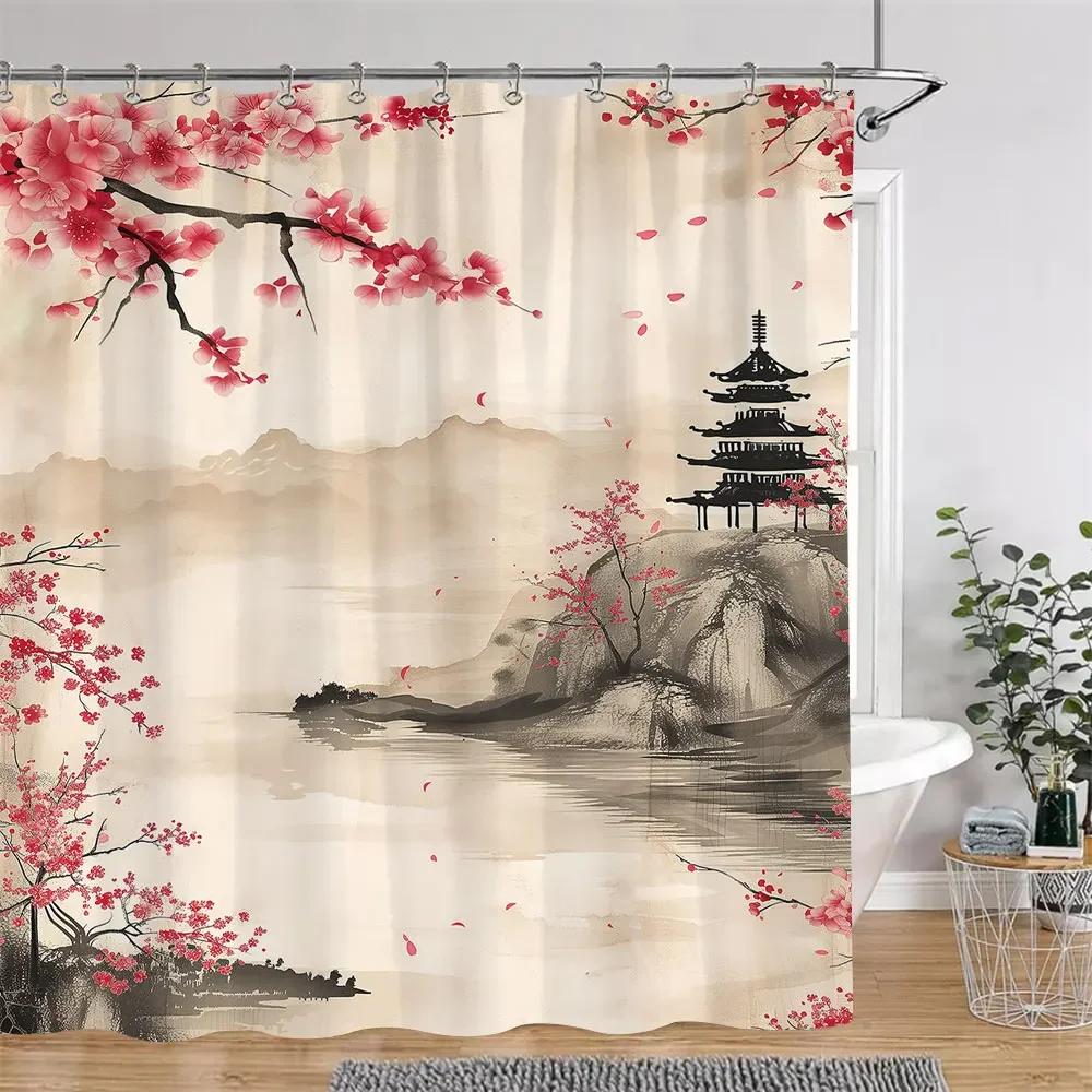 Chinese Japanese Cherry Blossom Ink Painting Shower Curtain Landscape Waves Art Creative Polyester Bath Curtains Bathroom Decor