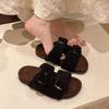 Muffin thick bottom one word fluffy slippers women wear 2025 autumn and winter new Internet celebrity fairy wind heightened plush half drag