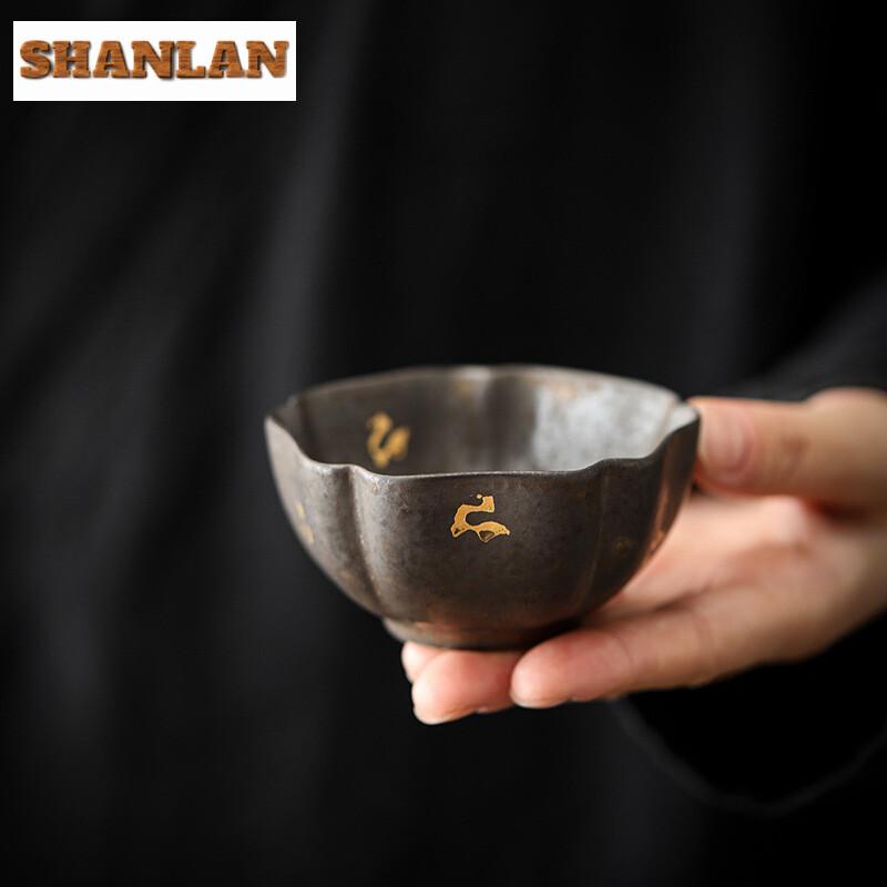 Handmade Gold Pointing Gilded Glazed Teacup Retro Ceramic Master Cup Tea Cushion Personal Single Tea Bowl Base Kung Fu Teaware