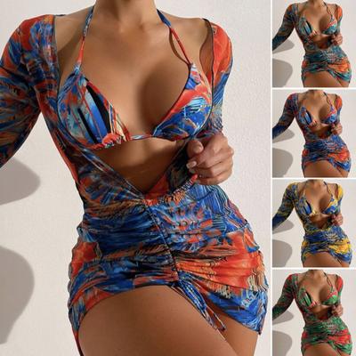 3Pcs/Set Women's Swimsuit Suit Print Halter Half Cardigan Long Sleeve Trendy Beachwear Polyester Women