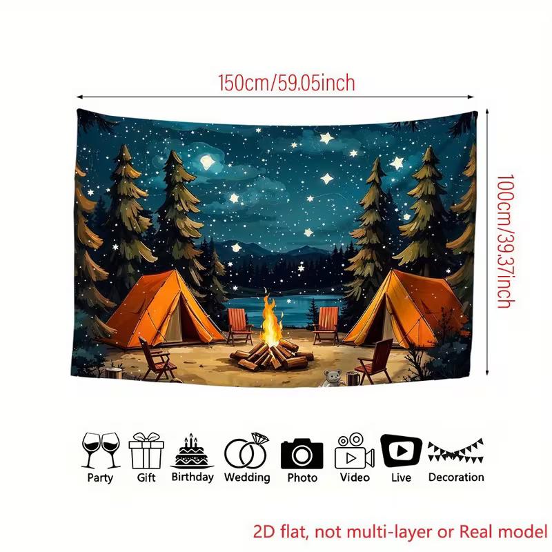 2D Night Starry Forest Lake Camping Campfire Tent Backdrop Outdoor Camper Wall Tapestry 47.2x31.5inch/120*80cm