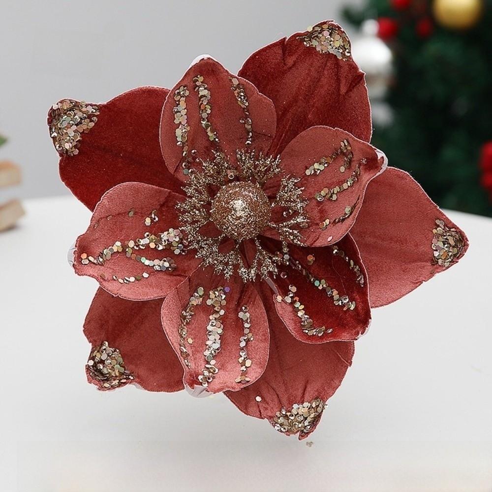 Sequin Artificial Poinsettia Glitter Flower 21cm 3D Simulation Magnolia  Wedding Party Decoration