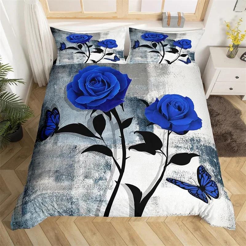 Rose Flower Duvet Cover Single King Oil Painting Butterfly Floral Bedding Set Microfiber Vintage Watercolor Artwork Quilt Cover