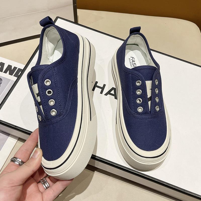 Thick-soled Elastic One-pedal Canvas Shoes for Women's New Versatile Breathable Casual Shoes Heightening Little White Shoes Board Shoes for Women