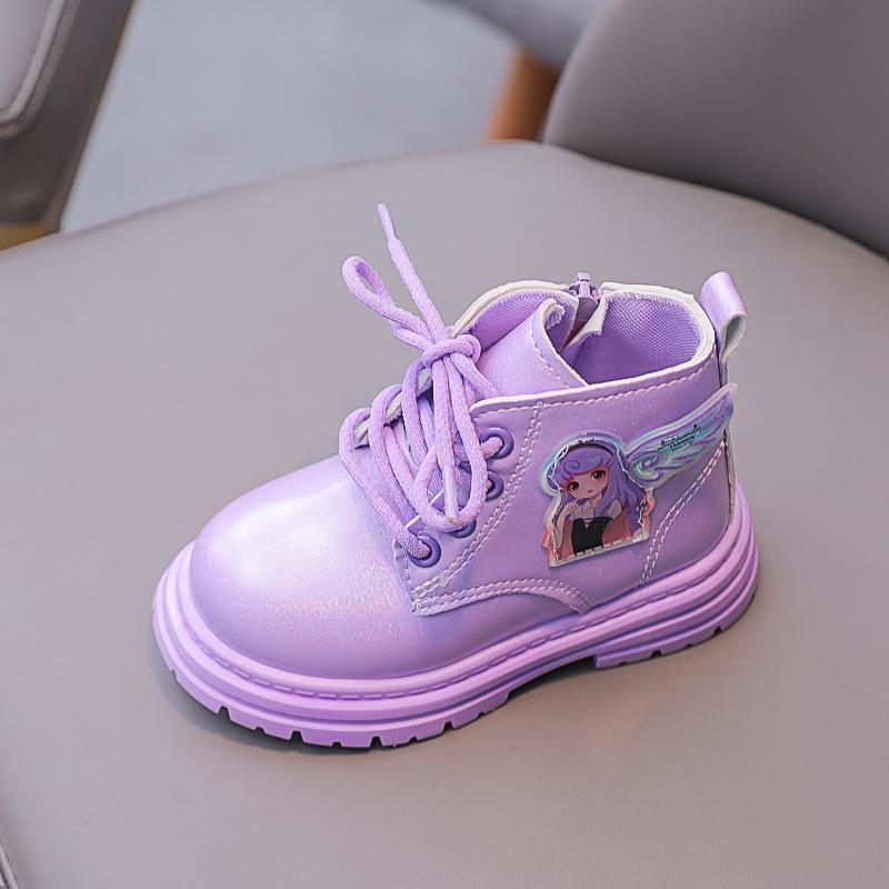 

Короткие ботинки для девочек, весна, новые однотонные милые наклейки для девочек, детская мода, осень 2024, универсальные детские ботинки с застежкой-молнией сбоку и круглым носком 21 фиолетовый