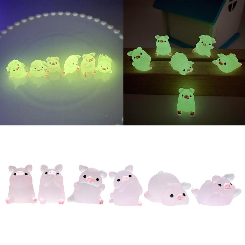 6Pcs DIY Garden Decors Cute Luminous Piggy Miniature Figurines Pig Cake Toppers