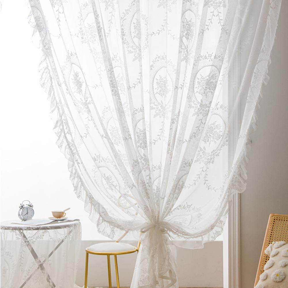 2 Pcs Ruffled Edge Gauze Curtain Retro Lace Sheer Curtain Romantic French Lace Floral Curtain  Door