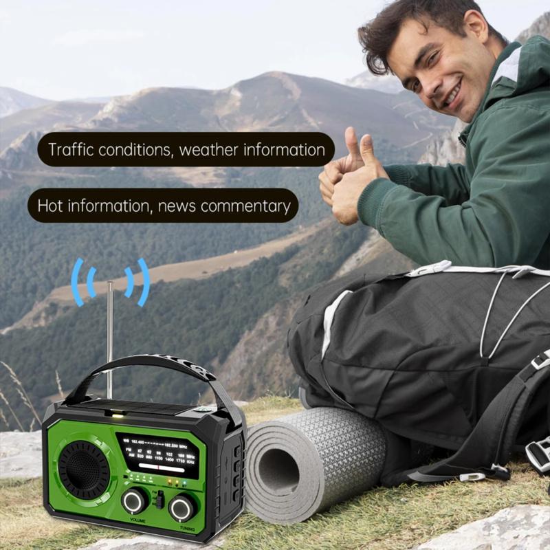 Utendørs Overlevelse Værradio AM/FM/WB NOAA Solcelle Håndsveiv Oppladbar Powerbank Bluetooth-kompatibel Høyttaler SOS-alarm