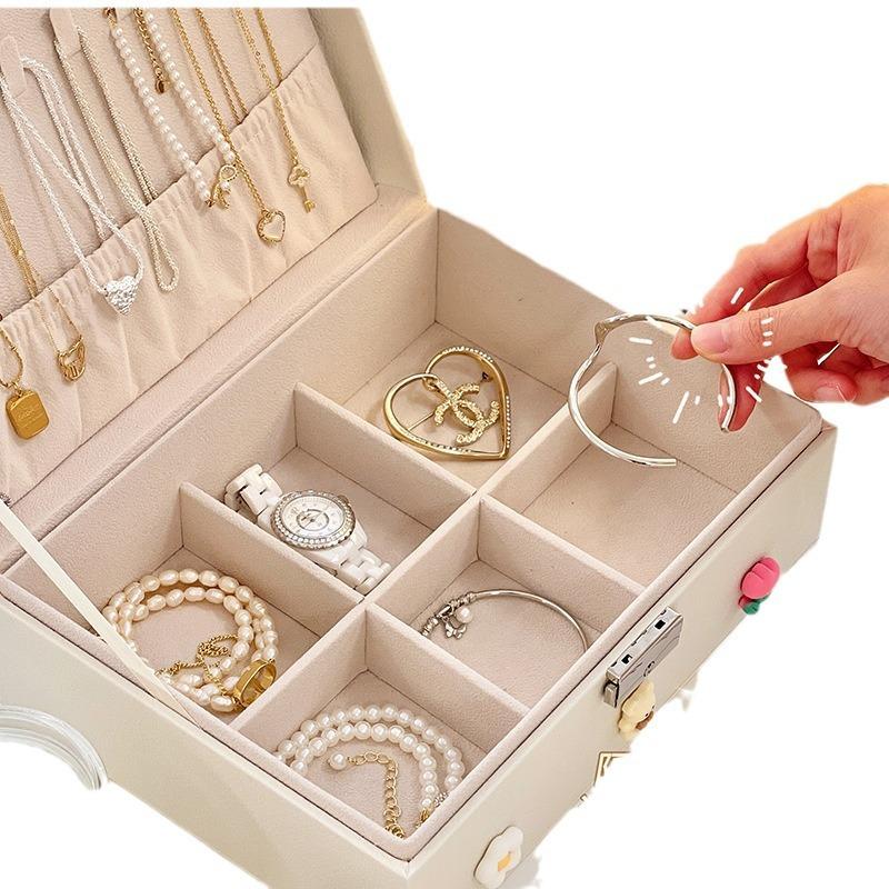 High-end Leather Double-layer Jewelry Box Necklace Ring Jewelry Stud Earrings Display Jewelry Storage Box with Lock