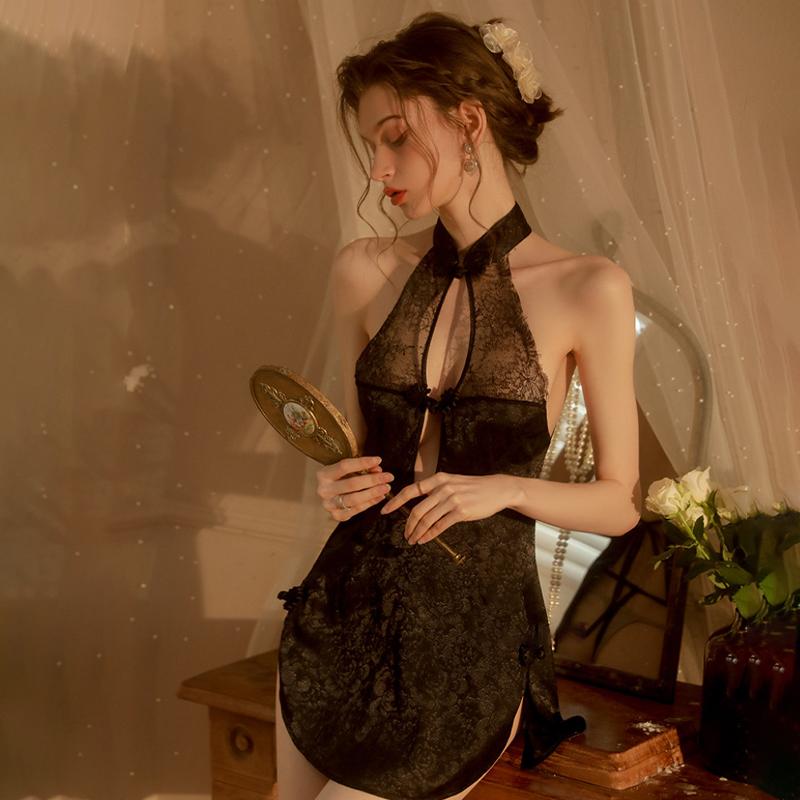 Sexy Lingerie Lace Retro Cheongsam Hollow Beautiful Back Lace-Up Large Size Uniform Dress