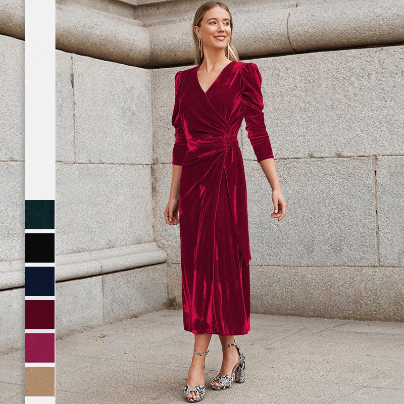 Kadın Bahar Gece Elbisesi Uzun Kollu Zarif V Yaka A-Line Yüksek Bel Kemeri Uzun Kadife Elbiseler Düz Renk