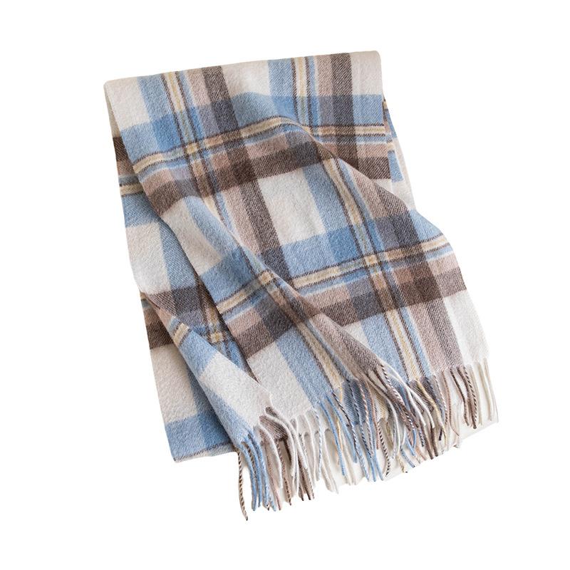 Cashmere Plaid Blue Scarf Narrow Version New Warm Soft and Waxy High End Scarf Women's Autumn and Winter Scarf